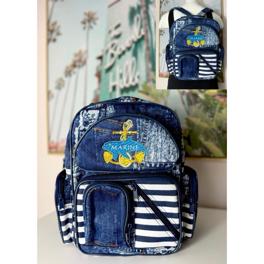 Blue White Faux Denim Stripe Marine Dolphin Multi Pocket Small Nylon Backpack